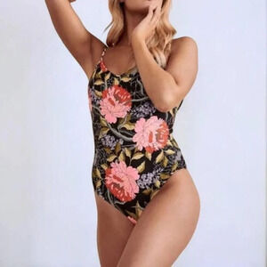 Eidon Black One Piece Swimsuit‎ with Peony Pattern - Size Small